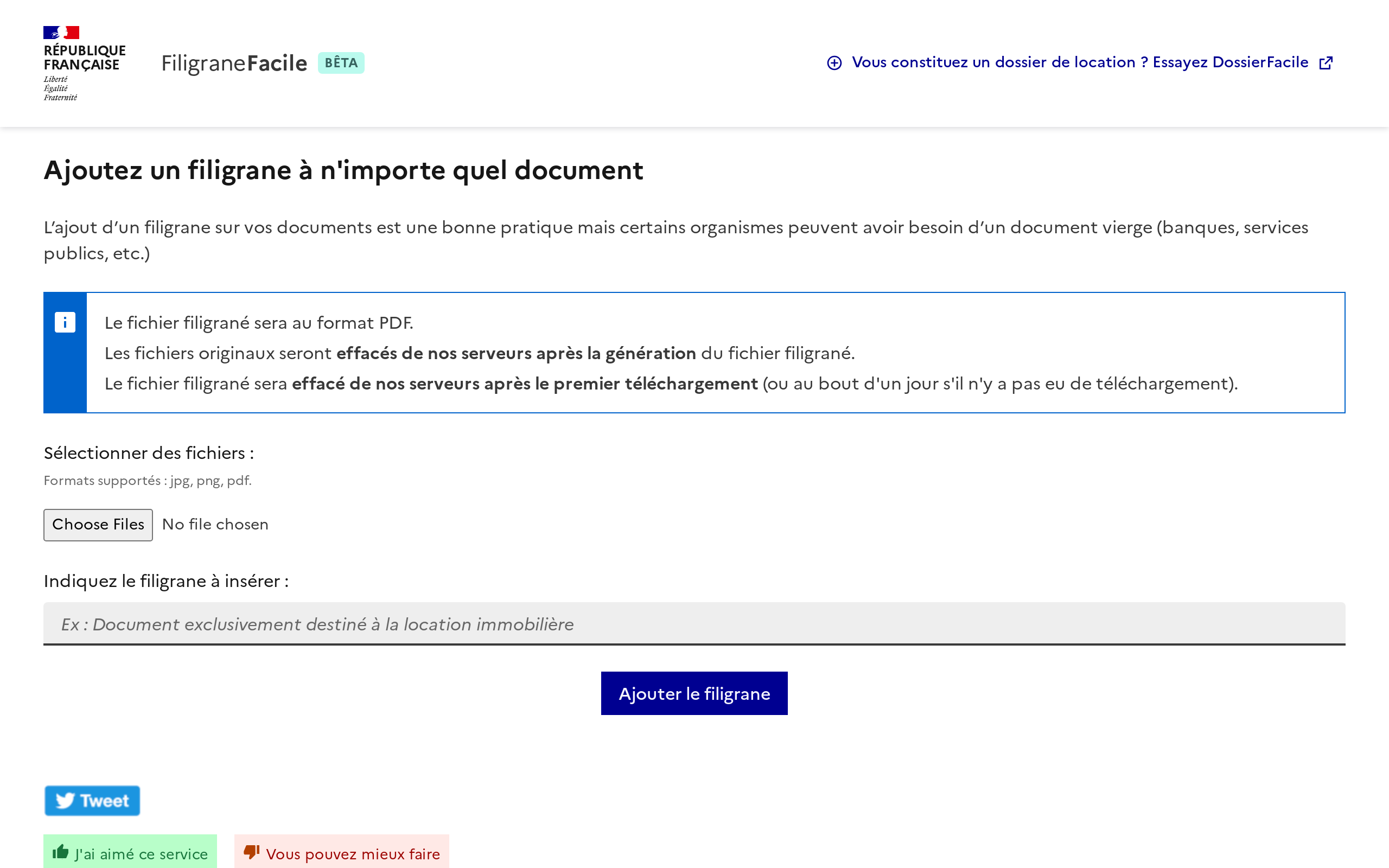 Copie d'écran de https://filigrane.beta.gouv.fr